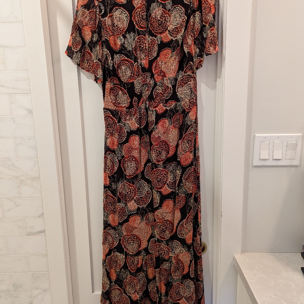 ba&sh Black Floral V-Neck Maxi HIDE Dress with Rust, Gold and Cream Accents - Picture 5 of 9